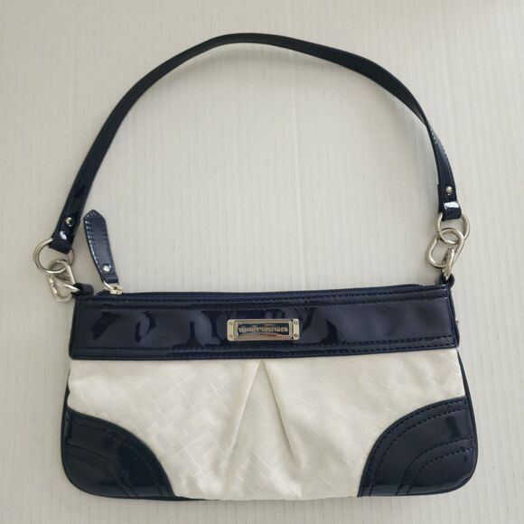 Tommy Hilfiger Womens Monogram Logo Mini Purse Bag Ivory Navy Blue Faux Leather - Picture 2 of 11